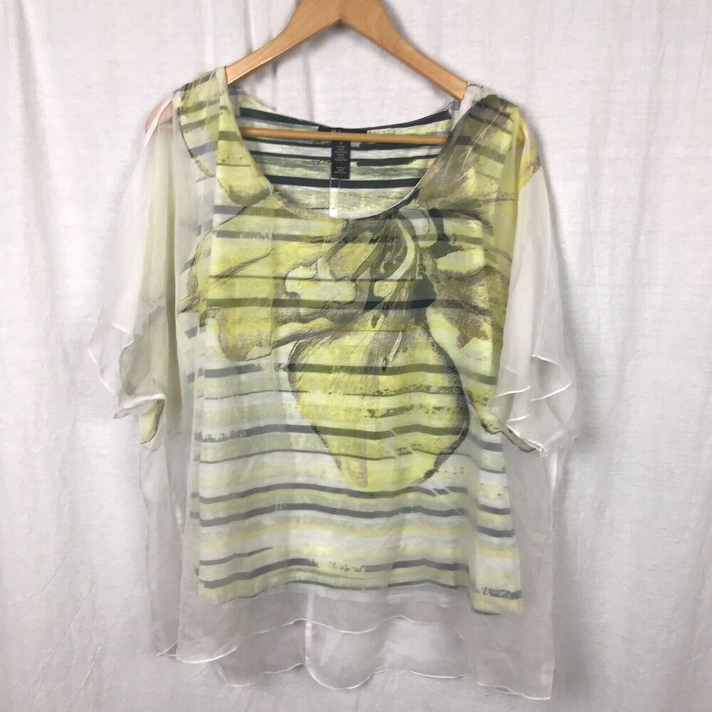 Style & Co Women's Scoop Neck Top Sheer Layer Flower Dolman Sleeve Size 1X